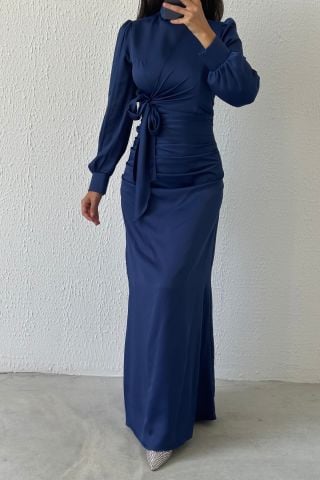 Büzgü Ve Düğüm Detaylı Saten Tesettür Abiye Lacivert