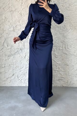 Büzgü Ve Düğüm Detaylı Saten Tesettür Abiye Lacivert