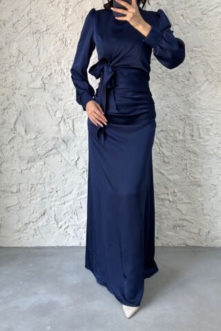 Büzgü Ve Düğüm Detaylı Saten Tesettür Abiye Lacivert