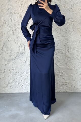 Satin Hijab Evening Dress with Gathering and Knot Detail, Navy Blue