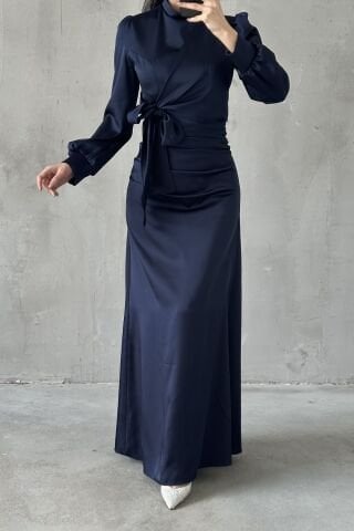 Büzgü Ve Düğüm Detaylı Saten Tesettür Abiye Lacivert