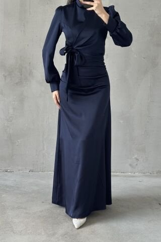 Büzgü Ve Düğüm Detaylı Saten Tesettür Abiye Lacivert