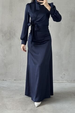 Büzgü Ve Düğüm Detaylı Saten Tesettür Abiye Lacivert