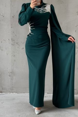 Omuzdan Ve Belden Taşlı Krep Tesettür Abiye Yeşil
