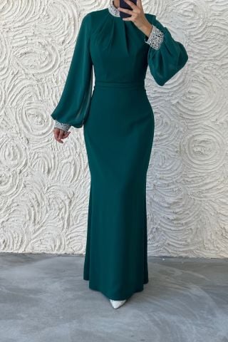 Simple and Stylish Balloon Sleeve Stone Detailed Crepe Evening Dress Green