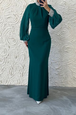 Simple and Stylish Balloon Sleeve Stone Detailed Crepe Evening Dress Green