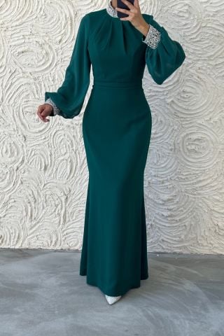 Simple and Stylish Balloon Sleeve Stone Detailed Crepe Evening Dress Green