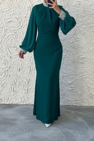 Simple and Stylish Balloon Sleeve Stone Detailed Crepe Evening Dress Green