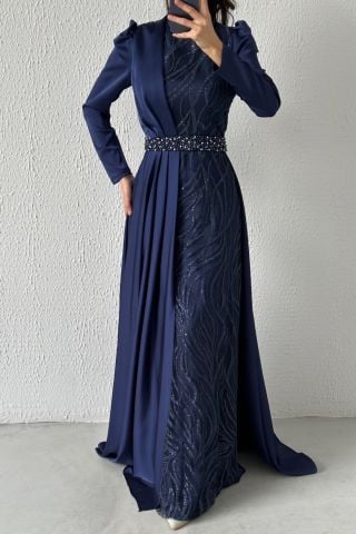 Göz Kamaştıran Model Pelerinli Saten Tesettür Abiye Lacivert