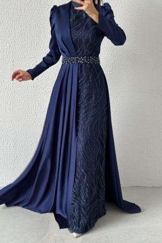 Göz Kamaştıran Model Pelerinli Saten Tesettür Abiye Lacivert