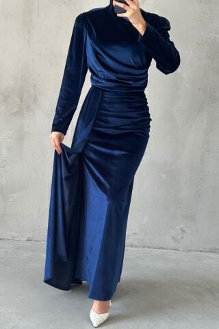 Modern Design Basic Velvet Hijab Evening Dress Navy Blue