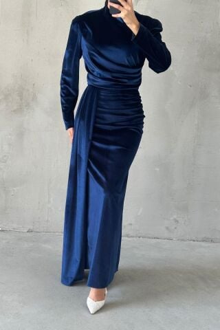 Modern Tasarım Basic Kadife Tesettür Abiye Lacivert