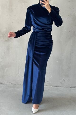 Modern Tasarım Basic Kadife Tesettür Abiye Lacivert