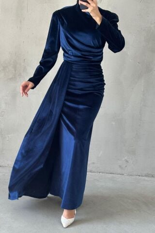 Modern Tasarım Basic Kadife Tesettür Abiye Lacivert