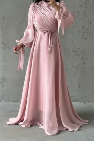 Draped Belt Detailed Janjan Fabric Hijab Evening Dress Powder
