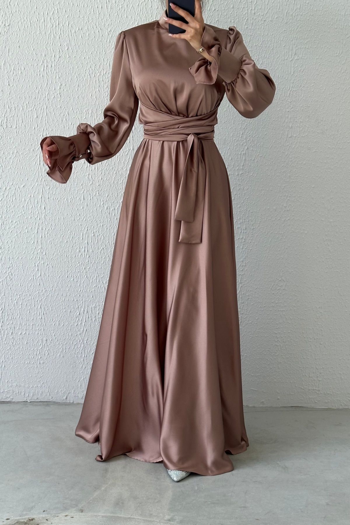 Hakim Yaka Volan Kol Saten Tesettür Abiye Vizon