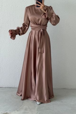 Hakim Yaka Volan Kol Saten Tesettür Abiye Vizon