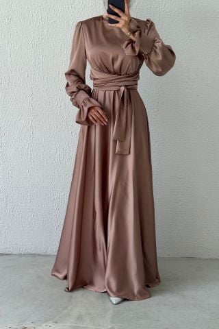 Hakim Yaka Volan Kol Saten Tesettür Abiye Vizon