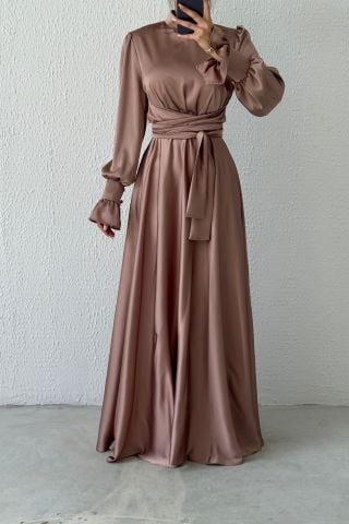 Hakim Yaka Volan Kol Saten Tesettür Abiye Vizon