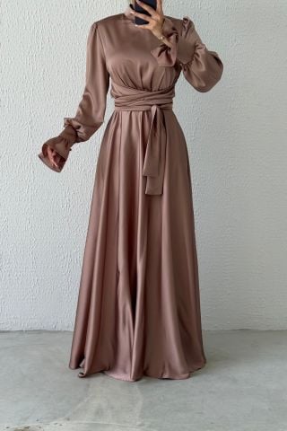 Hakim Yaka Volan Kol Saten Tesettür Abiye Vizon