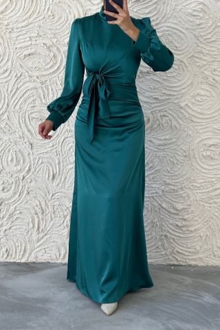 Satin Hijab Evening Dress with Gathering and Knot Detail, Emerald Green