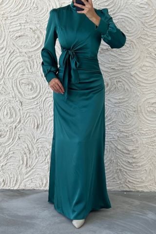 Satin Hijab Evening Dress with Gathering and Knot Detail, Emerald Green