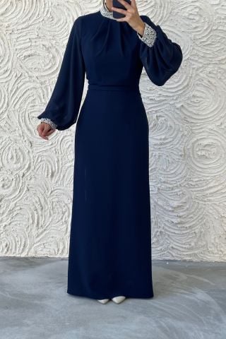 Simple and Stylish Balloon Sleeve Stone Detailed Crepe Evening Dress Navy Blue