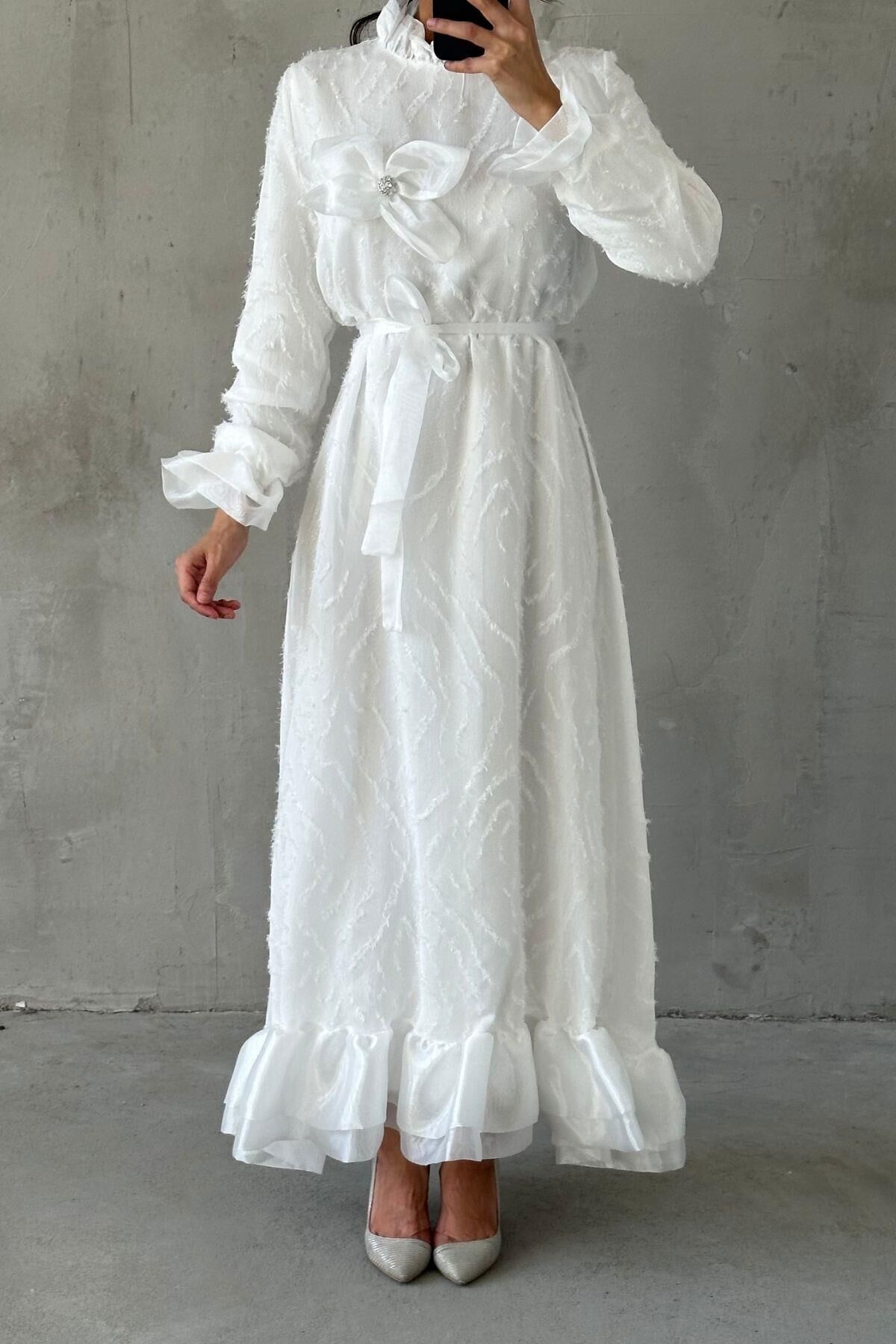 Elegant Ruffle Detailed Modest Evening Dress in Ecru
