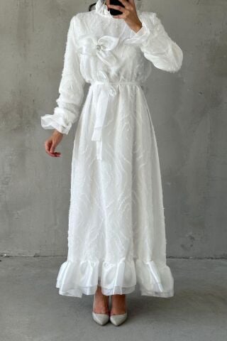 Elegant Ruffle Detailed Modest Evening Dress in Ecru