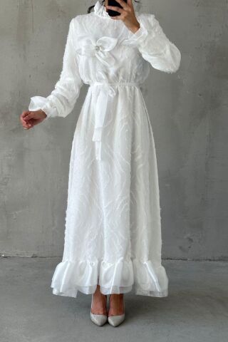 Elegant Ruffle Detailed Modest Evening Dress in Ecru