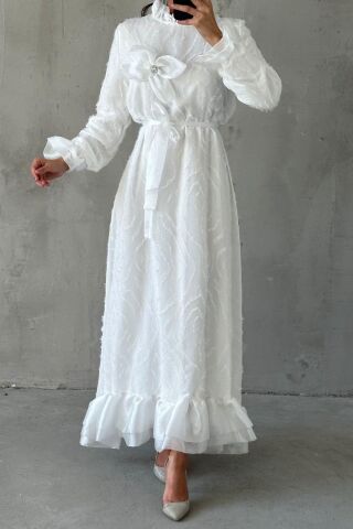 Elegant Ruffle Detailed Modest Evening Dress in Ecru