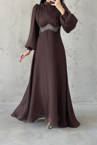 Zerina Tesettür Abiye Kahverengi