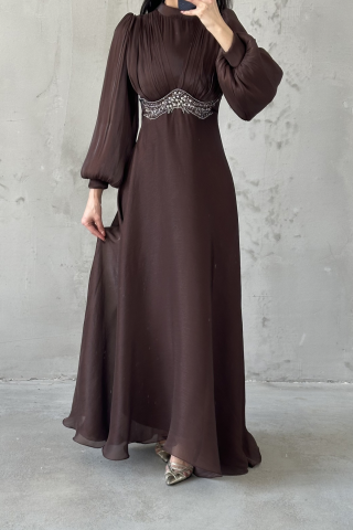 Zerina Tesettür Abiye Kahverengi