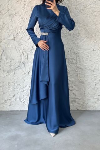 Belden Taş Detaylı Tesettür Abiye İndigo