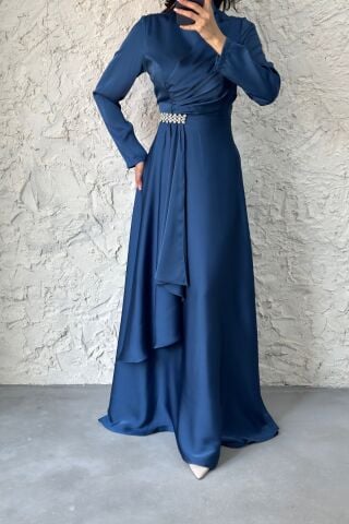 Belden Taş Detaylı Tesettür Abiye İndigo