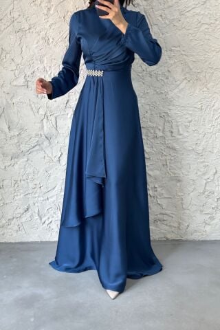 Belden Taş Detaylı Tesettür Abiye İndigo