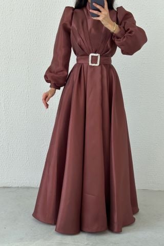 Eşsiz Duruş Organze Tesettür Abiye Kahverengi