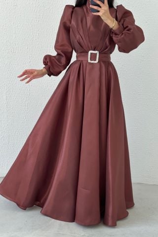 Eşsiz Duruş Organze Tesettür Abiye Kahverengi
