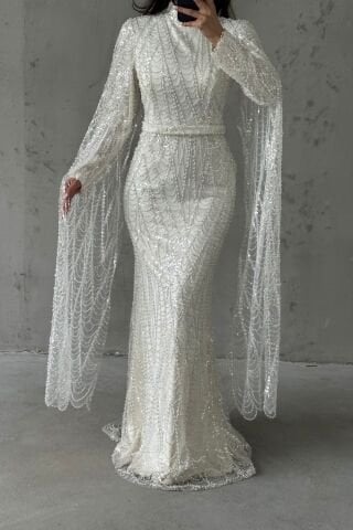 Işıltılı İşlemeli Uzun Kollu Tesettür Abiye Beyaz