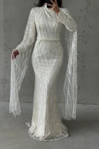 Işıltılı İşlemeli Uzun Kollu Tesettür Abiye Beyaz