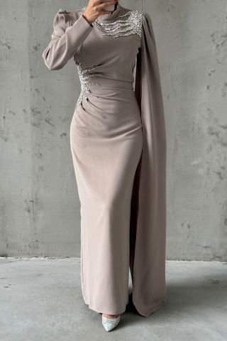 Crepe Hijab Evening Dress with Stones on Shoulders and Waist