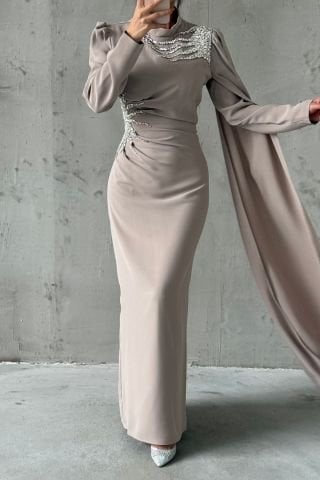 Crepe Hijab Evening Dress with Stones on Shoulders and Waist