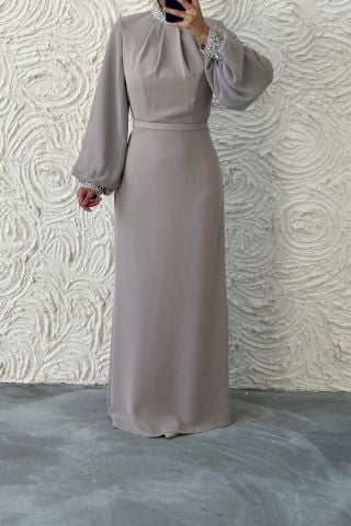 Simple and Stylish Balloon Sleeve Stone Detailed Crepe Evening Dress Stone