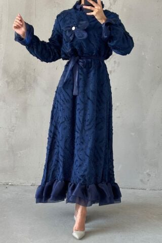 Zarif Fırfır Detaylı Tesettür Abiye Lacivert