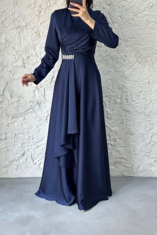 Stone Detailed Hijab Evening Dress Navy Blue