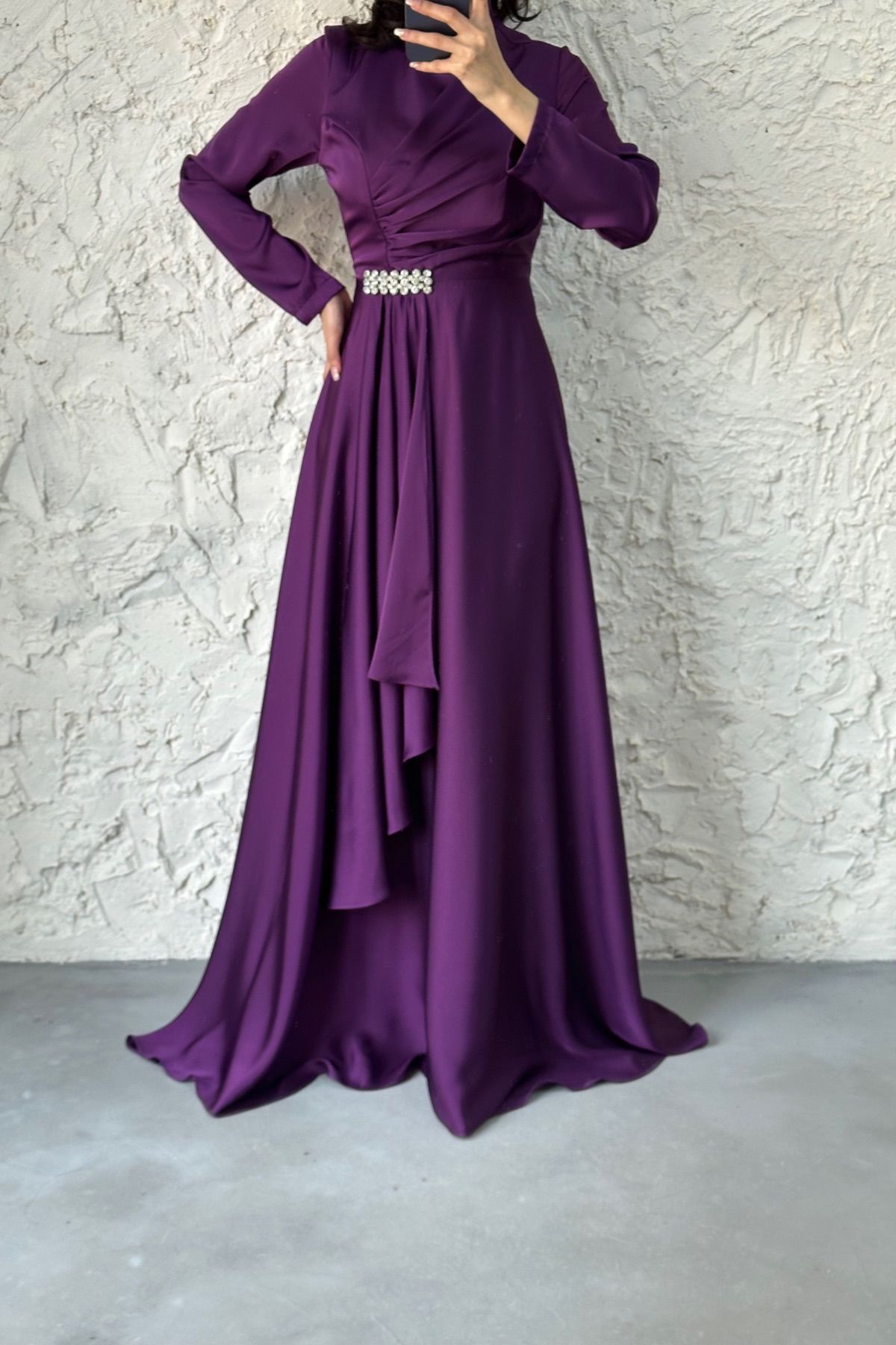 Belden Taş Detaylı Tesettür Abiye Mor