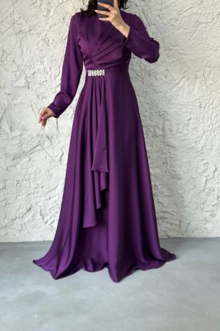 Belden Taş Detaylı Tesettür Abiye Mor