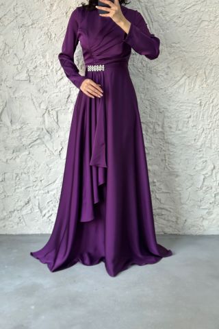 Belden Taş Detaylı Tesettür Abiye Mor