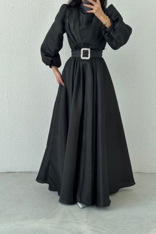 Eşsiz Duruş Organze Tesettür Abiye Siyah
