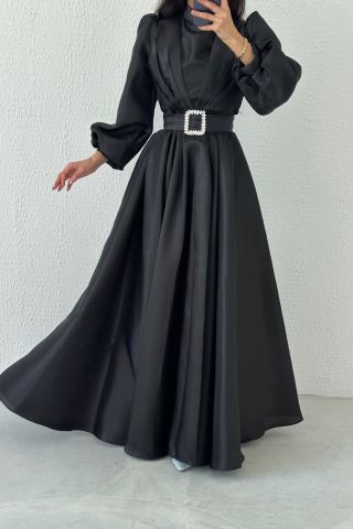 Eşsiz Duruş Organze Tesettür Abiye Siyah